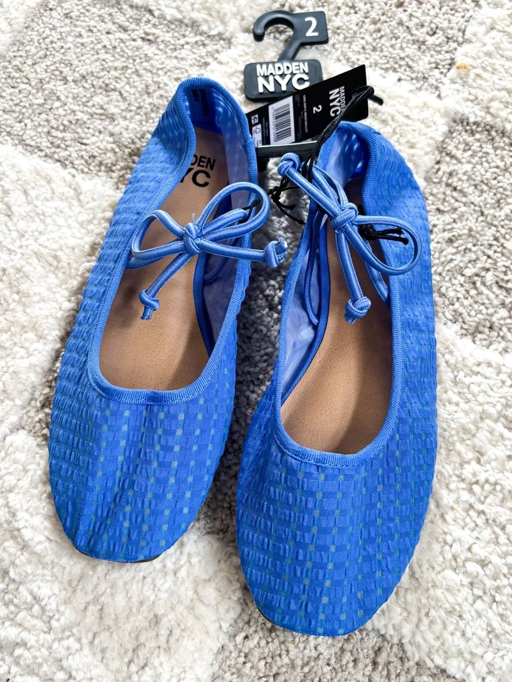 NWT Madden NYC Girls Blue Gingham Mesh Ballet Flats Lace Tie Mary Jane Shoes